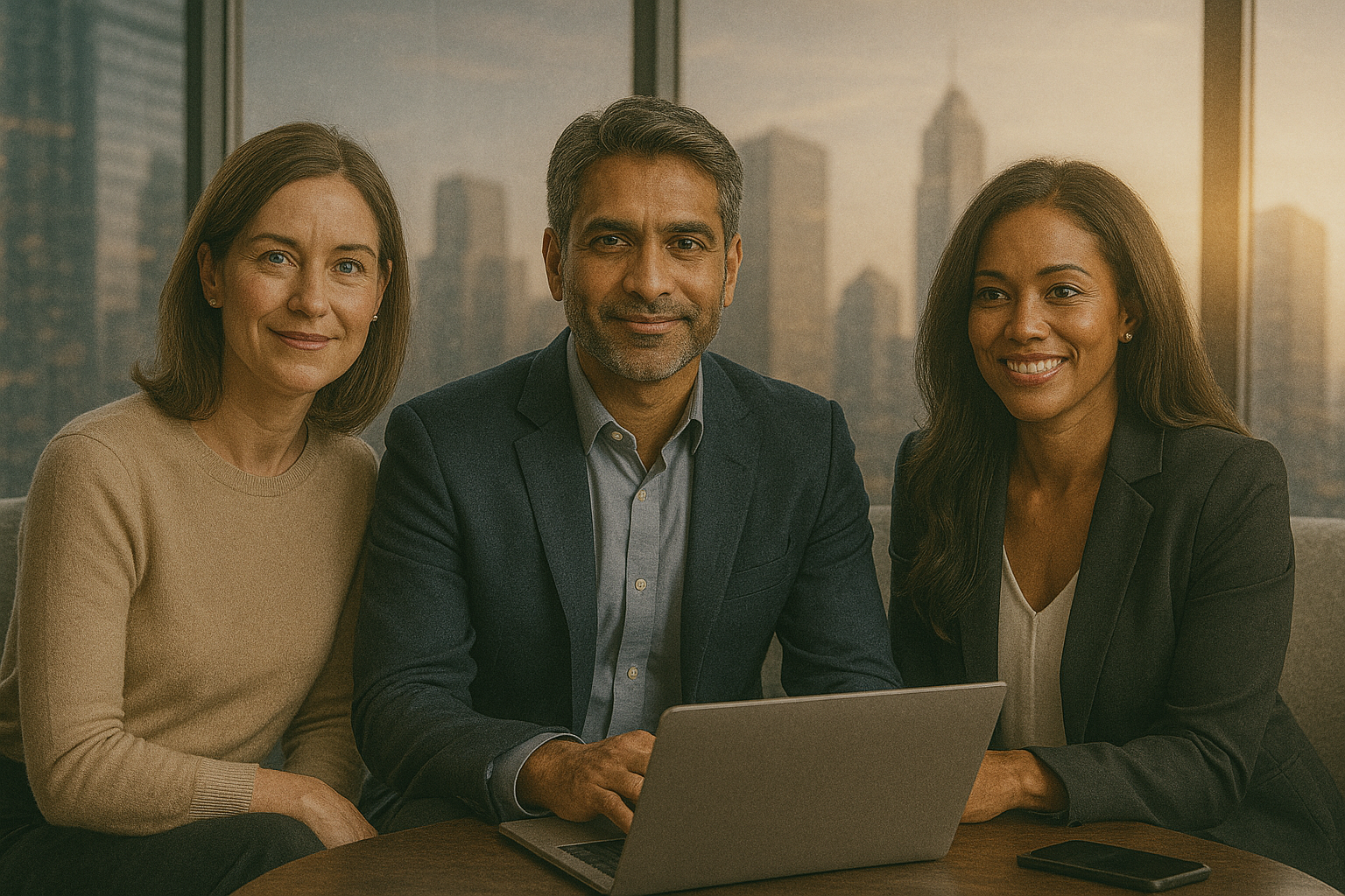 Professional diverse team collaborating with laptop in modern office