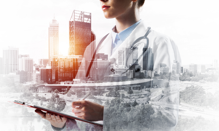 Healthcare professional with tablet and urban infrastructure overlay representing healthcare analytics and consulting insights
