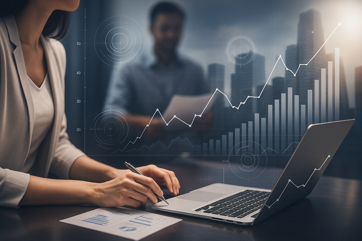 Business professional analyzing data with holographic visualizations