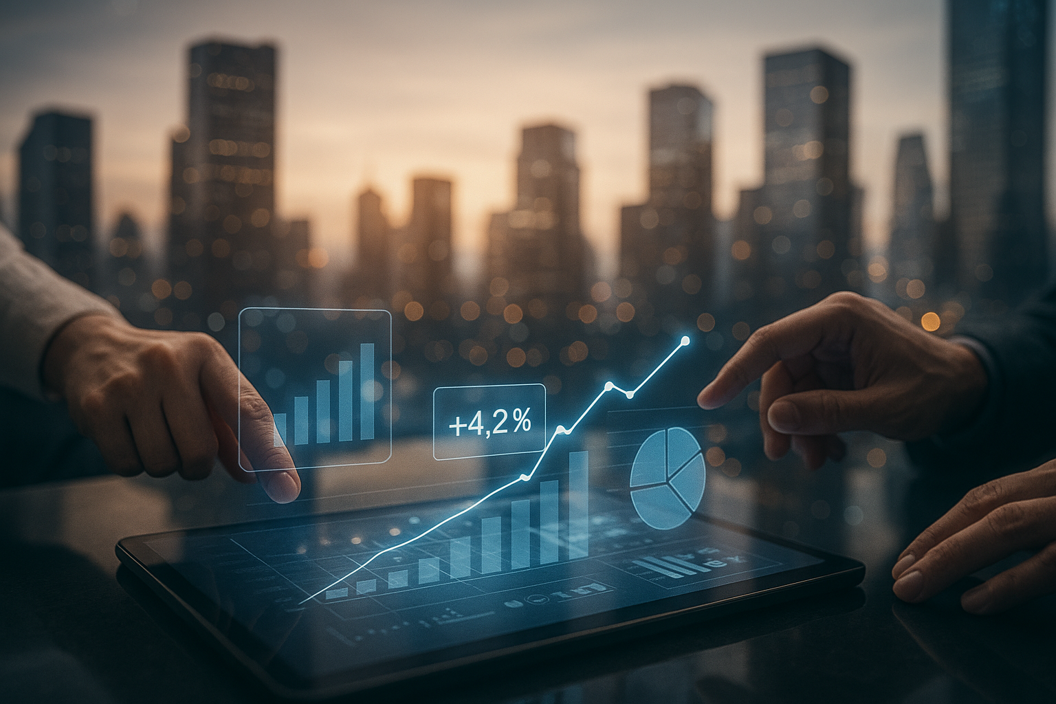 Hands manipulating holographic data visualizations showing business growth metrics